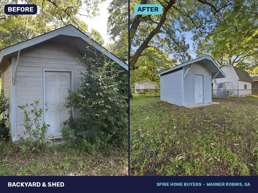 Backyard and shed at 338 Mike St, before and after