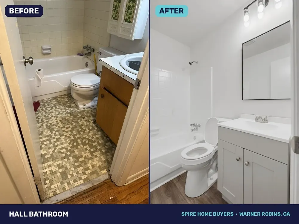 Hall bathroom at 338 Mike St, before and after renovation
