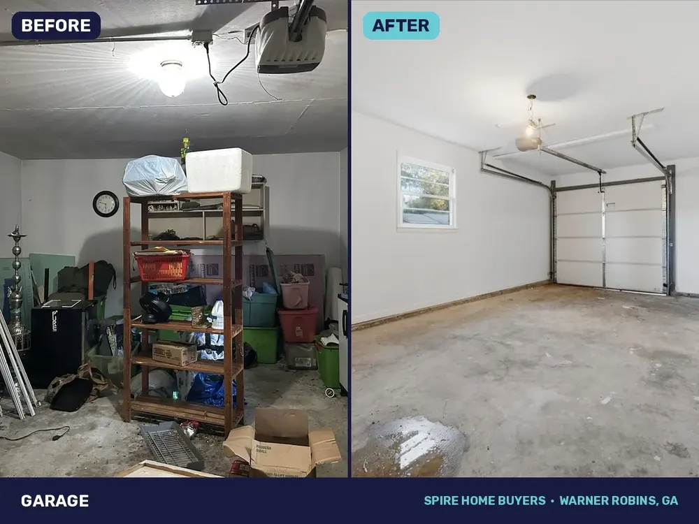 Garage at 338 Mike St, before and after cleanout