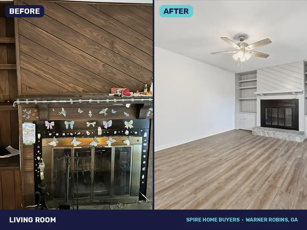 Living room and fireplace at 338 Mike St, before and after renovation